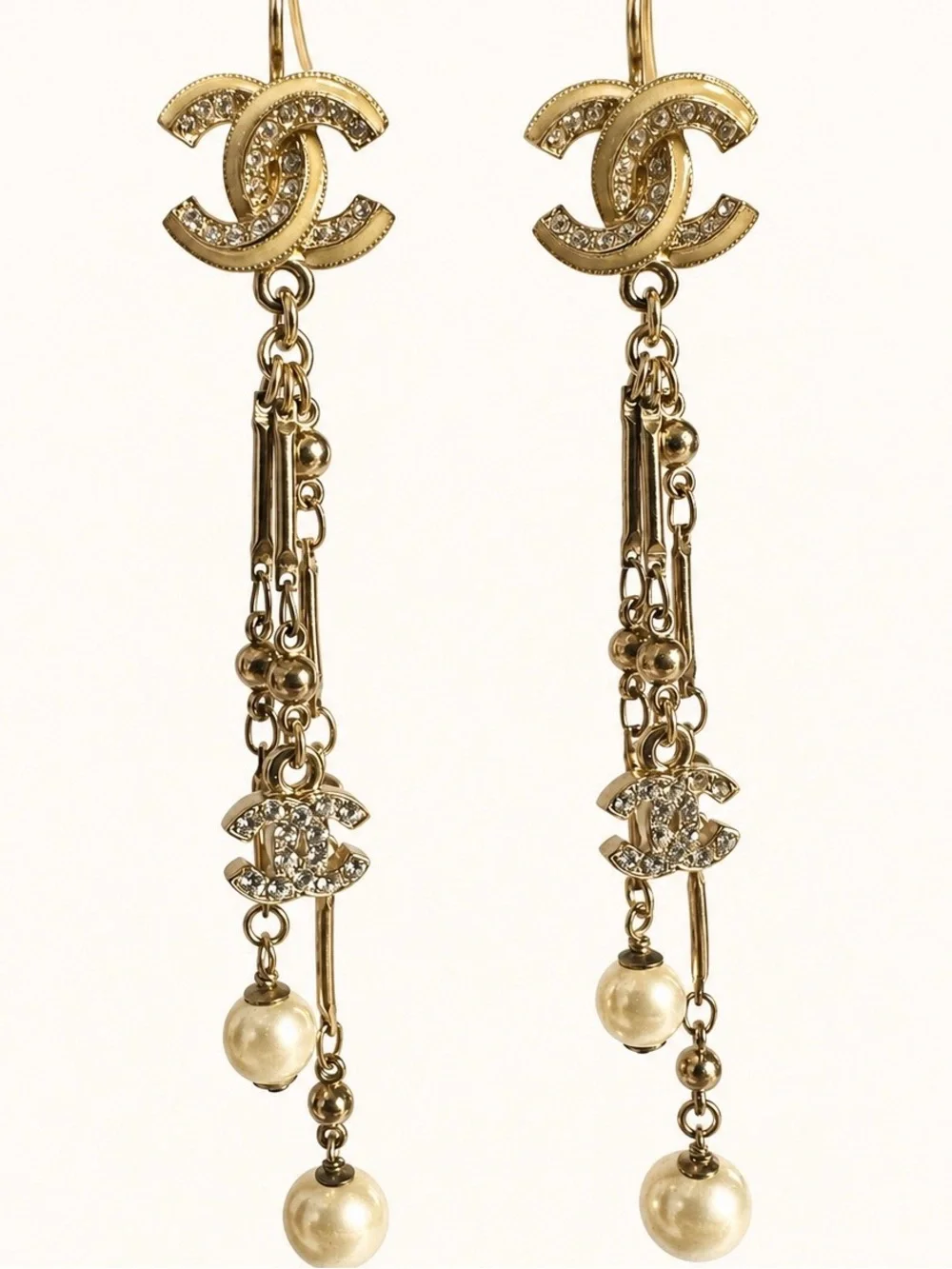 CHANEL 11C Enamel Crystal CC Pearl Chandelier Drop Earrings Rare